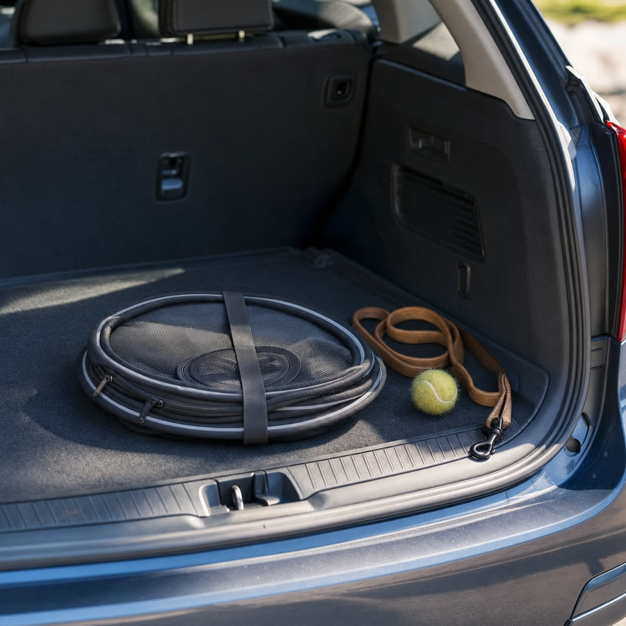 The bubble folded into a flat disc in a car trunk