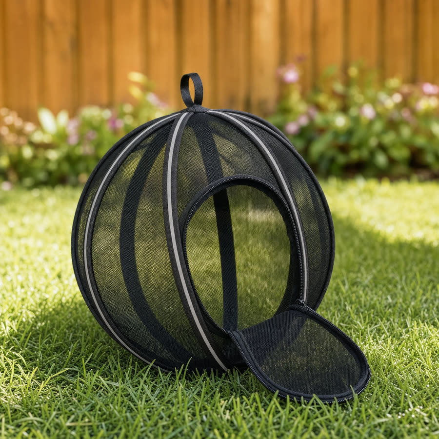 The bubble popped open on a lawn with its door unzipped
