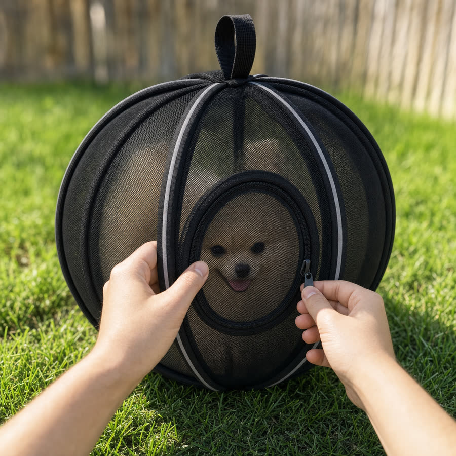 Hands zipping the round door closed with a Pomeranian inside